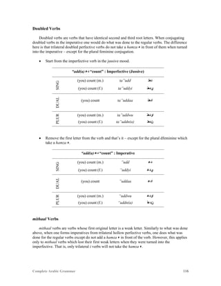 Complete Arabic Grammar 116
Doubled Verbs
Doubled verbs are verbs that have identical second and third root letters. When conjugating
doubled verbs in the imperative one would do what was done to the regular verbs. The difference
here is that trilateral doubled perfective verbs do not take a hamza ‫ﺀ‬ in front of them when turned
into the imperative – except for the plural feminine conjugation.
 Start from the imperfective verb in the jussive mood.
“add(a) ‫ﺪﻋ‬ “count” : Imperfective (Jussive)
SING
(you) count (m.) ta”udd ‫ﺪﻌﺘ‬
(you) count (f.) ta”uddyi ‫ﻱﺪﻌﺘ‬
DUAL
(you) count ta”uddaa ‫ﺍﺪﻌﺘ‬
PLUR
(you) count (m.) ta”uddwu ‫ﺍﻮﺪﻌﺘ‬
(you) count (f.) ta”uddn(a) ‫ﻦﺪﻌﺘ‬
 Remove the first letter from the verb and that’s it – except for the plural dfeminine which
take a hamza ‫.ﺀ‬
“add(a) ‫ﺪﻋ‬ “count” : Imperative
SING
(you) count (m.) ”udd ‫ﺪﻋ‬
(you) count (f.) ”uddyi ‫ﻱﺪﻋ‬
DUAL
(you) count ”uddaa ‫ﺍﺪﻋ‬
PLUR
(you) count (m.) “uddwu ‫ﺍﻮﺪﻋ‬
(you) count (f.) ”uddn(a) ‫ﻦﺪﻋﺃ‬
mithaal Verbs
mithaal verbs are verbs whose first original letter is a weak letter. Similarly to what was done
above, when one forms imperatives from trilateral hollow perfective verbs, one does what was
done for the regular verbs except do not add a hamza ‫ﺀ‬ in front of the verb. However, this applies
only to mithaal verbs which lost their first weak letters when they were turned into the
imperfective. That is, only trilateral i verbs will not take the hamza ‫.ﺀ‬
 
