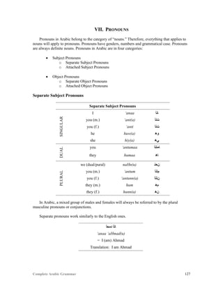Complete Arabic Grammar 127
VII. PRONOUNS
Pronouns in Arabic belong to the category of “nouns.” Therefore, everything that applies to
nouns will apply to pronouns. Pronouns have genders, numbers and grammatical case. Pronouns
are always definite nouns. Pronouns in Arabic are in four categories:
 Subject Pronouns
o Separate Subject Pronouns
o Attached Subject Pronouns
 Object Pronouns
o Separate Object Pronouns
o Attached Object Pronouns
Separate Subject Pronouns
Separate Subject Pronouns
SINGULAR
I ‘anaa ‫ﺎﻧﺃ‬
you (m.) ‘ant(a) ‫ﺕﻧﺃ‬
you (f.) ‘anti ‫ﺕﻧﺃ‬
he huw(a) ‫ﻮﻫ‬
she hiy(a) ‫ﻲﻫ‬
DUAL
you ‘antumaa ‫ﺎﻣﺘﻧﺃ‬
they humaa ‫ﺎﻫ‬
PLURAL
we (dual/pural) naHn(u) ‫ﻦﺤﻧ‬
you (m.) ‘antum ‫ﻢﺘﻧﺃ‬
you (f.) ‘antunn(a) ‫ﻥﺘﻧﺃ‬
they (m.) hum ‫ﻢﻫ‬
they (f.) hunn(a) ‫ﻥﻫ‬
In Arabic, a mixed group of males and females will always be referred to by the plural
masculine pronouns or conjunctions.
Separate pronouns work similarly to the English ones.
‫ﺪﻤﺣﺃ‬ ‫ﺎﻧﺃ‬
‘anaa ‘aHmad(u)
= I (am) Ahmad
Translation: I am Ahmad
 