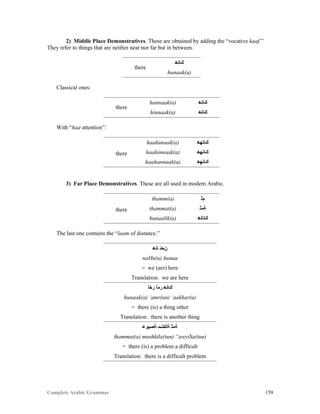 Complete Arabic Grammar 159
2) Middle Place Demonstratives. These are obtained by adding the “vocative kaaf.”
They refer to things that are neither near nor far but in between.
there
‫ﻚﺎﻧﻫ‬
hunaak(a)
Classical ones:
there
hannaak(a) ‫ﻚﺎﻧﻫ‬
hinnaak(a) ‫ﻚﺎﻧﻫ‬
With “haa attention”:
there
haahunaak(a) ‫ﻚﺎﻧﻬﻫ‬
haahinnaak(a) ‫ﻚﺎﻧﻬﻫ‬
haahannaak(a) ‫ﻚﺎﻧﻬﻫ‬
3) Far Place Demonstratives. These are all used in modern Arabic.
there
thamm(a) ‫ﻢﺛ‬
thammat(a) ‫ﺔﻤﺜ‬
hunaalik(a) ‫ﻚﻟﺎﻧﻫ‬
The last one contains the “laam of distance.”
‫ﺎﻧﻫ‬ ‫ﻥﺤﻧ‬
naHn(u) hunaa
= we (are) here
Translation: we are here
‫ﺭﺧﺃ‬ ‫ﺭﻣﺃ‬ ‫ﻚﺎﻧﻫ‬
hunaak(a) ‘amr(un) ‘aakhar(u)
= there (is) a thing other
Translation: there is another thing
‫ﺔﺼﻳﻮﻋ‬ ‫ﺔﻠﻜﺸﻤ‬ ‫ﺔﻤﺜ‬
thammat(a) mushkila(tun) “awyiSa(tun)
= there (is) a problem a difficult
Translation: there is a difficult problem
 