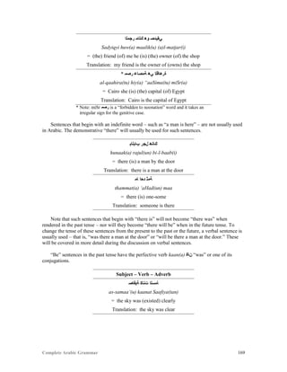 Complete Arabic Grammar 169
‫ﺭﺠﻣﻠﺍ‬ ‫ﻚﻠﺎﻤ‬ ‫ﻮﻫ‬ ‫ﻲﻘﻴﺪﺼ‬
Sadyiqyi huw(a) maalik(u) (a)l-matjar(i)
= (the) friend (of) me he (is) (the) owner (of) the shop
Translation: my friend is the owner of (owns) the shop
* ‫ﺭﺼﻣ‬ ‫ﺔﻤﺼﺎﻋ‬ ‫ﻲﻫ‬ ‫ﺓﺭﻫﺎﻗﻠﺍ‬
al-qaahira(tu) hiy(a) “aaSima(tu) miSr(a)
= Cairo she (is) (the) capital (of) Egypt
Translation: Cairo is the capital of Egypt
* Note: miSr ‫ﺭﺼﻣ‬ is a “forbidden to noonation” word and it takes an
irregular sign for the genitive case.
Sentences that begin with an indefinite word – such as “a man is here” – are not usually used
in Arabic. The demonstrative “there” will usually be used for such sentences.
‫ﺐﺎﺑﻠﺎﺑ‬ ‫ﻞﺠﺭ‬ ‫ﻚﺎﻧﻫ‬
hunaak(a) rajul(un) bi-l-baab(i)
= there (is) a man by the door
Translation: there is a man at the door
‫ﺎﻤ‬ ‫ﺪﺣﺍ‬ ‫ﺔﻤﺜ‬
thammat(a) ‘aHad(un) maa
= there (is) one-some
Translation: someone is there
Note that such sentences that begin with “there is” will not become “there was” when
rendered in the past tense – nor will they become “there will be” when in the future tense. To
change the tense of these sentences from the present to the past or the future, a verbal sentence is
usually used – that is, “was there a man at the door” or “will be there a man at the door.” These
will be covered in more detail during the discussion on verbal sentences.
“Be” sentences in the past tense have the perfective verb kaan(a) ‫ﻥﺎﻜ‬ “was” or one of its
conjugations.
Subject – Verb – Adverb
‫ﺔﻴﻓﺎﺼ‬ ‫ﺕﻧﺎﻜ‬ ‫ﺄﻤﺴﻠﺍ‬
as-samaa’(u) kaanat Saafiya(tan)
= the sky was (existed) clearly
Translation: the sky was clear
 