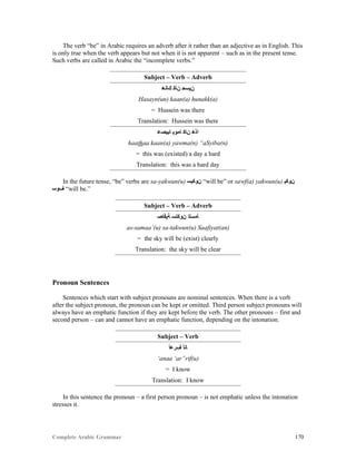 Complete Arabic Grammar 170
The verb “be” in Arabic requires an adverb after it rather than an adjective as in English. This
is only true when the verb appears but not when it is not apparent – such as in the present tense.
Such verbs are called in Arabic the “incomplete verbs.”
Subject – Verb – Adverb
‫ﻚﺎﻧﻫ‬ ‫ﻥﺎﻜ‬ ‫ﻦﻴﺴﺣ‬
Hasayn(un) kaan(a) hunakk(a)
= Hussein was there
Translation: Hussein was there
‫ﺎﺒﻴﺼﻋ‬ ‫ﺎﻤﻮﻴ‬ ‫ﻦﺎﻛ‬ ‫ﺍﺬﻫ‬
haathaa kaan(a) yawma(n) “aSyiba(n)
= this was (existed) a day a hard
Translation: this was a hard day
In the future tense, “be” verbs are sa-yakwun(u) ‫ﻦﻮﻛﻳﺴ‬ “will be” or sawf(a) yakwun(u) ‫ﻥﻮﻜﻳ‬
‫ﻒﻮﺴ‬ “will be.”
Subject – Verb – Adverb
‫ﺔﻴﻓﺎﺼ‬ ‫ﻥﻮﻜﺘﺴ‬ ‫ﺄﻣﺴﻠﺍ‬
as-samaa’(u) sa-takwun(u) Saafiyat(an)
= the sky will be (exist) clearly
Translation: the sky will be clear
Pronoun Sentences
Sentences which start with subject pronouns are nominal sentences. When there is a verb
after the subject pronoun, the pronoun can be kept or omitted. Third person subject pronouns will
always have an emphatic function if they are kept before the verb. The other pronouns – first and
second person – can and cannot have an emphatic function, depending on the intonation.
Subject – Verb
‫ﻒﺭﻋﺃ‬ ‫ﺎﻧﺃ‬
‘anaa ‘ar”rif(u)
= I know
Translation: I know
In this sentence the pronoun – a first person pronoun – is not emphatic unless the intonation
stresses it.
 