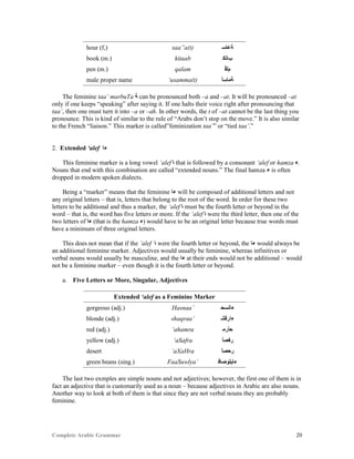 Complete Arabic Grammar 20
hour (f,) saa”a(t) ‫ﺔﻋﺎﺴ‬
book (m.) kitaab ‫ﺐﺎﺘﻜ‬
pen (m.) qalam ‫ﻢﻠﻗ‬
male proper name ‘usamma(t) ‫ﺔﻤﺎﺴﺃ‬
The feminine taa’ marbuTa ‫ﺔ‬ can be pronounced both –a and –at. It will be pronounced –at
only if one keeps “speaking” after saying it. If one halts their voice right after pronouncing that
taa’, then one must turn it into –a or –ah. In other words, the t of –at cannot be the last thing you
pronounce. This is kind of similar to the rule of “Arabs don’t stop on the move.” It is also similar
to the French “liaison.” This marker is called”feminization taa’” or “tied taa’.”
2. Extended ‘alef ‫ﺀﺎ‬
This feminine marker is a long vowel ‘alef ‫ﺎ‬ that is followed by a consonant ‘alef or hamza ‫.ﺀ‬
Nouns that end with this combination are called “extended nouns.” The final hamza ‫ﺀ‬ is often
dropped in modern spoken dialects.
Being a “marker” means that the feminine ‫ﺀﺎ‬ will be composed of additional letters and not
any original letters – that is, letters that belong to the root of the word. In order for these two
letters to be additional and thus a marker, the ‘alef ‫ﺎ‬ must be the fourth letter or beyond in the
word – that is, the word has five letters or more. If the ‘alef ‫ﺎ‬ were the third letter, then one of the
two letters of ‫ﺀﺎ‬ (that is the hamza ‫)ﺀ‬ would have to be an original letter because true words must
have a minimum of three original letters.
This does not mean that if the ’alef ‫ﺎ‬ were the fourth letter or beyond, the ‫ﺀﺎ‬ would always be
an additional feminine marker. Adjectives would usually be feminine, whereas infinitives or
verbal nouns would usually be masculine, and the ‫ﺀﺎ‬ at their ends would not be additional – would
not be a feminine marker – even though it is the fourth letter or beyond.
a. Five Letters or More, Singular, Adjectives
Extended ‘alef as a Feminine Marker
gorgeous (adj.) Hasnaa’ ‫ﺀﺎﻧﺴﺣ‬
blonde (adj.) shaqraa’ ‫ﺀﺍﺭﻗﺷ‬
red (adj.) ‘ahamra ‫ﺣﺃﺭﻤ‬
yellow (adj.) ‘aSafra ‫ﺭﻔﺼﺃ‬
desert ‘aXaHra ‫ﺭﺣﺼﺃ‬
green beans (sing.) FaaSuwlya’ ‫ﺀﺎﻴﻠﻮﺻﺎﻓ‬
The last two exmples are simple nouns and not adjectives; however, the first one of them is in
fact an adjective that is customarily used as a noun – because adjectives in Arabic are also nouns.
Another way to look at both of them is that since they are not verbal nouns they are probably
feminine.
 