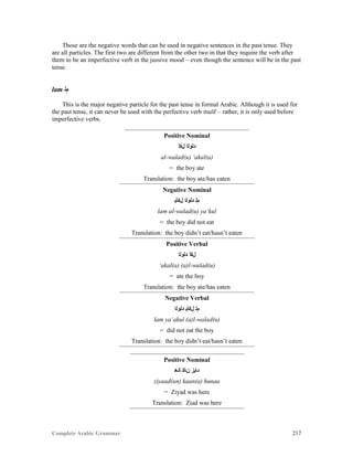 Complete Arabic Grammar 217
Those are the negative words that can be used in negative sentences in the past tense. They
are all particles. The first two are different from the other two in that they require the verb after
them to be an imperfective verb in the jussive mood – even though the sentence will be in the past
tense.
lam ‫ﻢﻠ‬
This is the major negative particle for the past tense in formal Arabic. Although it is used for
the past tense, it can never be used with the perfective verb itself – rather, it is only used before
imperfective verbs.
Positive Nominal
‫ﻞﻜﺃ‬ ‫ﺪﻠﻮﻠﺍ‬
al-walad(u) ‘akal(a)
= the boy ate
Translation: the boy ate/has eaten
Negative Nominal
‫ﻞﻜﺄﻴ‬ ‫ﺪﻠﻮﻠﺍ‬ ‫ﻡﻠ‬
lam al-walad(u) ya‘kul
= the boy did not eat
Translation: the boy didn’t eat/hasn’t eaten
Positive Verbal
‫ﺪﻠﻮﻠﺍ‬ ‫ﻞﻜﺃ‬
‘akal(a) (a)l-walad(u)
= ate the boy
Translation: the boy ate/has eaten
Negative Verbal
‫ﺪﻠﻮﻠﺍ‬ ‫ﻞﻜﺄﻴ‬ ‫ﻢﻠ‬
lam ya‘akul (a)l-walad(u)
= did not eat the boy
Translation: the boy didn’t eat/hasn’t eaten
Positive Nominal
‫ﺎﻧﻫ‬ ‫ﻥﺎﻜ‬ ‫ﺪﺎﻳﺰ‬
ziyaad(un) kaan(a) hunaa
= Ziyad was here
Translation: Ziad was here
 