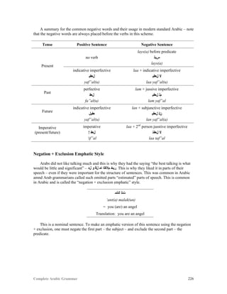 Complete Arabic Grammar 226
A summary for the common negative words and their usage in modern standard Arabic – note
that the negative words are always placed before the verbs in this scheme.
Tense Positive Sentence Negative Sentence
Present
no verb
lays(a) before predicate
‫ﺲﻴﻠ‬
lays(a)
indicative imperfective
‫ﻞﻌﻔﻴ‬
yaf”al(u)
laa + indicative imperfective
‫ﻞﻌﻔﻴ‬ ‫ﻻ‬
laa yaf”al(u)
Past
perfective
‫ﻞﻌﻔ‬
fa”al(u)
lam + jussive imperfective
‫ﻞﻌﻔﻴ‬ ‫ﻡﻟ‬
lam yaf”al
Future
indicative imperfective
‫ﻌﻔﻴﻞ‬
yaf”al(u)
lan + subjunctive imperfective
‫ﻞﻌﻔﻴ‬ ‫ﻥﻟ‬
lan yaf”al(a)
Imperative
(present/future)
imperative
! ‫ﻞﻌﻔ‬
‘if”al
laa + 2nd
person jusstive imperfective
‫ﻞﻌﻔﺘ‬ ‫ﻻ‬
laa taf”al
Negation + Exclusion Emphatic Style
Arabs did not like talking much and this is why they had the saying “the best talking is what
would be little and significant” – ‫ﻞﺪ‬ ‫ﻮ‬ ‫ﻞﻗ‬ ‫ﺎﻣ‬ ‫ﻢﻼﻜﻠﺍ‬ ‫.ﺭﻴﺧ‬ This is why they liked it in parts of their
speech – even if they were important for the structure of sentences. This was common in Arabic
amnd Arab grammarians called such omitted parts “estimated” parts of speech. This is common
in Arabic and is called the “negation + exclusion emphatic” style.
‫ﻚﻠﻤ‬ ‫ﺖﻧﺃ‬
‘ant(a) malak(un)
= you (are) an angel
Translation: you are an angel
This is a nominal sentence. To make an emphatic version of this sentence using the negation
+ exclusion, one must negate the first part – the subject – and exclude the second part – the
predicate.
 