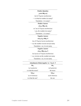 Complete Arabic Grammar 233
Positive Question
‫ﻤﺸﻤﺲ‬ ‫ﺱﻘﻄﻠﺍ‬ ‫ﻞﻫ‬
hal aT-Taqs(u) mushmis(un)
= is it that he weather (is) sunny?
Translation: it is sunny?
Positive Answer
‫ﺲﻤﺸﻤ‬ ‫ﺱﻘﻄﻠﺍ‬ ‫ﻢﻌﻧ‬
na”am aT-Taqs(u) mushmis(un)
= yes, the weather (is) sunny?
Translation: it is sunny?
Negative Answer
‫ﺲﻤﺸﻤ‬ ‫ﺲﻴﻠ‬ ‫ﺱﻘﻄﻠﺍ‬ ‫ﻻ‬
laa aT-Taqs(u) lays(a) mushmis(un)
= no, the weather is/exists not (as) sunny
Translation: no, it is not sunny
Negative Answer
‫ﺲﻤﺸﻤ‬ ‫ﺱﻘﻄﻠﺍ‬ ‫ﺲﻴﻠ‬ ‫ﻻ‬
laa lays(a) aT-Taqs(u) mushmis(un)
= no, is/exists not the weather (as) sunny
Translation: no, it is not sunny
Attachment of Interrogative ‘a- -‫ﺃ‬ to al- -‫ﻠﺍ‬
‫ﺭﻤﻘﻠﺁ‬ ‫ﺭﻤﻘﻠﺍ‬
’aa-l-qamar(u) (a)l-qamar(u)
is it that the moon? the moon
‫ﺱﻤﺸﻠﺁ‬ ‫ﺱﻤﺸﻠﺍ‬
’aa-sh-shams(u) (a)sh-shams(u)
is it that the sun? the sun
 