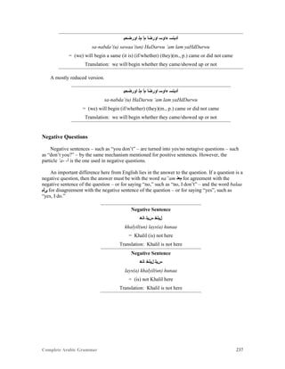 Complete Arabic Grammar 237
‫ﺍﻮﺮﺿﺤﻴ‬ ‫ﻢﻠ‬ ‫ﻢﺃ‬ ‫ﺍﻮﺮﻀﺃ‬ ‫ﺀﺍﻮﺴ‬ ‫ﺃﺪﺒﻧﺴ‬
sa-nabda’(u) sawaa’(un) HaDarwu ‘am lam yaHdDurwu
= (we) will begin a same (it is) (if/whether) (they)(m., p.) came or did not came
Translation: we will begin whether they came/showed up or not
A mostly reduced version.
‫ﺍﻮﺮﺿﺤﻴ‬ ‫ﻢﻠ‬ ‫ﻡﺃ‬ ‫ﺍﻮﺮﻀﺃ‬ ‫ﺀﺍﻮﺴ‬ ‫ﺃﺪﺒﻧﺴ‬
sa-nabda’(u) HaDarwu ‘am lam yaHdDurwu
= (we) will begin (if/whether) (they)(m., p.) came or did not came
Translation: we will begin whether they came/showed up or not
Negative Questions
Negative sentences – such as “you don’t” – are turned into yes/no netagive questions – such
as “don’t you?” – by the same mechanism mentioned for positive sentences. However, the
particle ‘a- -‫ﺃ‬ is the one used in negative questions.
An important difference here from English lies in the answer to the question. If a question is a
negative question, then the answer must be with the word na”am ‫ﻢﻌﻧ‬ for agreement with the
negative sentence of the question – or for saying “no,” such as “no, I don’t” – and the word balaa
‫ﻰﻠﺑ‬ for disagreement with the negative sentence of the question – or for saying “yes”, such as
“yes, I do.”
Negative Sentence
‫ﺎﻧﻫ‬ ‫ﺲﻴﻟ‬ ‫ﻞﻴﻟﺧ‬
khalyil(un) lays(a) hunaa
= Khalil (is) not here
Translation: Khalil is not here
Negative Sentence
‫ﺎﻧﻫ‬ ‫ﻞﻴﻟﺧ‬ ‫ﺲﻴﻟ‬
lays(a) khalyil(un) hunaa
= (is) not Khalil here
Translation: Khalil is not here
 