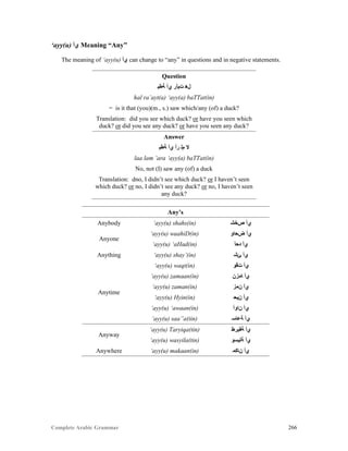 Complete Arabic Grammar 266
‘ayy(u) ‫ﻱﺃ‬ Meaning “Any”
The meaning of ‘ayy(u) ‫ﻱﺃ‬ can change to “any” in questions and in negative statements.
Question
‫ﺔﻄﺑ‬ ‫ﻱﺃ‬ ‫ﺖﻴﺃﺮ‬ ‫ﻞﻫ‬
hal ra’ayt(a) ‘ayy(a) baTTat(in)
= is it that (you)(m., s.) saw which/any (of) a duck?
Translation: did you see which duck? or have you seen which
duck? or did you see any duck? or have you seen any duck?
Answer
‫ﺔﻄﺑ‬ ‫ﻱﺃ‬ ‫ﺭﺃ‬ ‫ﻡﻟ‬ ‫ﻻ‬
laa lam ’ara ‘ayy(a) baTTat(in)
No, not (I) saw any (of) a duck
Translation: dno, I didn’t see which duck? or I haven’t seen
which duck? or no, I didn’t see any duck? or no, I haven’t seen
any duck?
Any’s
Anybody ‘ayy(u) shahs(in) ‫ﺺﺨﺷ‬ ‫ﻱﺃ‬
Anyone
‘ayy(u) waahiD(in) ‫ﺾﺤﺍﻮ‬ ‫ﻱﺃ‬
‘ayy(u) ‘aHad(in) ‫ﺩﺤﺃ‬ ‫ﻱﺃ‬
Anything ‘ayy(u) shay’(in) ‫ﺊﺸ‬ ‫ﻱﺃ‬
Anytime
‘ayy(u) waqt(in) ‫ﺕﻗﻮ‬ ‫ﻱﺃ‬
‘ayy(u) zamaan(in) ‫ﺎﻤﺯﻥ‬ ‫ﻱﺃ‬
‘ayy(u) zaman(in) ‫ﻥﻤﺯ‬ ‫ﻱﺃ‬
‘ayy(u) Hyin(in) ‫ﻦﻴﺤ‬ ‫ﻱﺃ‬
‘ayy(u) ‘awaan(in) ‫ﻥﺍﻮﺃ‬ ‫ﻱﺃ‬
‘ayy(u) saa”a(tin) ‫ﺔﻋﺎﺴ‬ ‫ﻱﺃ‬
Anyway
‘ayy(u) Taryiqa(tin) ‫ﺔﻘﻴﺭﻂ‬ ‫ﻱﺃ‬
‘ayy(u) wasyila(tin) ‫ﺔﻠﻴﺴﻮ‬ ‫ﻱﺃ‬
Anywhere ‘ayy(u) makaan(in) ‫ﻥﺎﻜﻣ‬ ‫ﻱﺃ‬
 