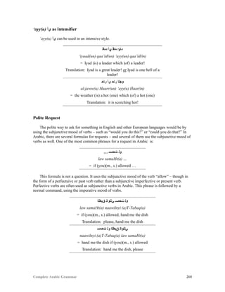 Complete Arabic Grammar 268
‘ayy(u) ‫ﻱﺃ‬ as Intensifier
‘ayy(u) ‫ﻱﺃ‬ can be used in an intensive style.
‫ﺪﺌﺎﻗ‬ ‫ﻱﺃ‬ ‫ﺩﺌﺎﻗ‬ ‫ﺩﺎﻳﺇ‬
‘iyaad(un) qaa’id(un) ‘ayy(un) qaa’id(in)
= Iyad (is) a leader which )of) a leader!
Translation: Iyad is a great leader! or Iyad is one hell of a
leader!
‫ﺭﺎﺣ‬ ‫ﻱﺃ‬ ‫ﺭﺎﺣ‬ ‫ﻮﺠﻠﺍ‬
al-jaww(u) Haarr(un) ‘ayy(u) Haar(in)
= the weather (is) a hot (one) which (of) a hot (one)
Translation: it is scorching hot!
Polite Request
The polite way to ask for something in English and other European languages would be by
using the subjunctive mood of verbs – such as “would you do this?” or “could you do that?” In
Arabic, there are several formulas for requests – and several of them use the subjunctive mood of
verbs as well. One of the most common phrases for a request in Arabic is:
… ‫ﺖﺤﻤﺴ‬ ‫ﻮﻠ‬
law samaHt(a) …
= if (you)(m., s.) allowed …
This formula is not a question. It uses the subjunctive mood of the verb “allow” – though in
the form of a perfectuive or past verb rather than a subjunctive imperfective or present verb.
Perfective verbs are often used as subjunctive verbs in Arabic. This phrase is followed by a
normal command, using the imperative mood of verbs.
‫ﻕﺒﻄﻠﺍ‬ ‫ﻲﻧﻠﻮﺎﻧ‬ ‫ﺖﺤﻤﺴ‬ ‫ﻮﻠ‬
law samaHt(a) naawilnyi (a)T-Tabaq(a)
= if (you)(m., s.) allowed, hand me the dish
Translation: please, hand me the dish
‫ﺖﺤﻤﺴ‬ ‫ﻮﻠ‬ ‫ﻕﺒﻄﻠﺍ‬ ‫ﻲﻧﻠﻮﺎﻧ‬
naawilnyi (a)T-Tabaq(a) law samaHt(a)
= hand me the dish if (you)(m., s.) allowed
Translation: hand me the dish, please
 