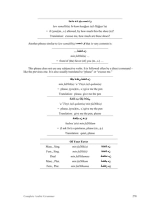 Complete Arabic Grammar 270
‫ﺀﺍﺫﺣﻠﺍ‬ ‫ﺍﺫﻫ‬ ‫ﻢﻜﺒ‬ ‫ﺖﺤﻤﺴ‬ ‫ﻮﻠ‬
law samaHt(a) bi-kam haathaa (a)l-Hithaa’(u)
= if (you)(m., s.) allowed, by how much this the shoe (is)?
Translation: excuse me, how much are these shoes?
Another phrase similar to law samaHt(a) ‫ﺖﺤﻤﺴ‬ ‫ﻠﻮ‬ that is very commin is:
… ‫ﻙﻠﻀﻓ‬ ‫ﻥﻤ‬
min faDlik(a) …
= from/of (the) favor (of) you (m., s.) …
This phrase does not use any subjunctive verbs. It is followed often by a direct command –
like the previous one. It is also usually translated to “please” or “excuse me.”
‫ﻢﻠﻘﻠﺍ‬ ‫ﻲﻧﻁﻋﺃ‬ ‫ﻙﻠﻀﻓ‬ ‫ﻥﻤ‬
min faDlik(a) ‘a”Tinyi (a)l-qalam(a)
= please, (you)(m., s.) give me the pen
Translation: please, give me the pen
‫ﻙﻠﻀﻓ‬ ‫ﻥﻤ‬ ‫ﻢﻠﻘﻠﺍ‬ ‫ﻲﻧﻁﻋﺃ‬
‘a”Tinyi (a)l-qalam(a) min faDlik(a)
= please, (you)(m., s.) give me the pen
Translation: give me the pen, please
‫ﻢﻜﻠﻀﻓ‬ ‫ﻥﻤ‬ ‫ﺍﺆﺪﻫ‬
hudwu’a(n) min faDlikum
= (I ask for) a quietness, please (m., p.)
Translation: quiet, please
Of Your Favor
Masc., Sing. min faDlik(a) ‫ﻙﻠﻀﻓ‬ ‫ﻥﻤ‬
Fem., Sing. min faDlik(i) ‫ﻙﻠﻀﻓ‬ ‫ﻥﻤ‬
Dual min faDlikumaa ‫ﺎﻣﻜﻠﻀﻓ‬ ‫ﻥﻤ‬
Masc., Plur. min faDlikum ‫ﻢﻜﻠﻀﻓ‬ ‫ﻥﻤ‬
Fem., Plur. min faDlikunna ‫ﻥﻜﻠﻀﻓ‬ ‫ﻥﻤ‬
 