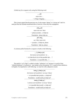 Complete Arabic Grammar 271
A third way for a request us by using the following word:
… ‫ﺀﺎﺠﺮ‬
rajaa’a(n) …
= (I beg) a begging …
This is more urgent than the previous two. It also means “please” or “excuse me” and it is
used just like the formulas mentioned above; however, it has only this conjugation.
‫ﻲﻧﺪﻌﺴ‬ ‫ﺀﺎﺠﺮ‬
rajaa’a(n) saa”idnyi
= please (you)(m., s.) help me
Translation: please help me
‫ﺀﺎﺠﺮ‬ ‫ﻲﻧﺪﻌﺴ‬
saa”idnyi rajaa’a(n)
= (you)(m., s.) help me, please
Translation: help me, please
A common polite formula for a request in Arabic is the following.
… ‫ﻦﺃ‬ ‫ﻥﻜﻣﻣﻠﺍ‬ ‫ﻥﻣ‬ ‫ﻝﻫ‬
hal min(a) (a)l-mumkin(i) ‘an …
= is it that (he/it) (is) of the possible that … ?
Translation: is it possible that .. ?
The particle ‘an ‫ﻥﺃ‬ “that” is called in Arabic “infinitival ‘an” because it is used to form
“infinitival phrases” or infinitives – just similar to how the particle “to” is used to form infinitives
in English. An imperfective verb following ‘an must be in the subjunctive mood.
‫ﻲﻧﺩﻌﺴﺘ‬ ‫ﻦﺃ‬ ‫ﻥﻜﻣﻣﻠﺍ‬ ‫ﻥﻣ‬ ‫ﻝﻫ‬
hal min(a) (a)l-mumkin(i) ‘an tusaa”idanyi
= is it possible that (you)(m., s.) help me?
Translation: would/could you help me?
‫ﻲﻧﺩﻌﺴﺘ‬ ‫ﻦﺃ‬ ‫ﻥﻜﻣﻣﻠﺍ‬ ‫ﻥﻣ‬ ‫ﺃ‬
‘a-min(a) (a)l-mumkin(i) ‘an tusaa”idyinyi
= is it possible that (you)(f., s.) help me?
Translation: would/could you help me?
 