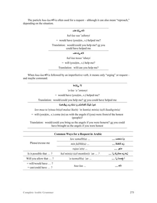 Complete Arabic Grammar 273
The particle haa-laa ‫ﻼﻫ‬ is often used for a request – although it can also mean “reproach,”
depending on the situation.
‫ﻲﻧﺘﺪﻋﺎﺴ‬ ‫ﻼﻫ‬
hal-laa saa”adtanyi
= would have (you)(m., s.) helped me?
Translation: would/could you help me? or you
could have helped me
‫ﻲﻧﺩﻋﺎﺴ‬ ‫ﻼﻫ‬
hal-laa tusaa”idunyi
= will (you)(m., s.) help me?
Translation: will/can you help me?
When haa-laa ‫ﻼﻫ‬ is followed by an imperfective verb, it means only “urging” or request –
and maybe command.
‫ﻲﻧﺘﻧﻋﺃ‬ ‫ﻻﺃ‬
‘a-laa ‘a”antanyi
= would have (you)(m., s.) helped me?
Translation: would/could you help me? or you could have helped me
‫ﻥﻴﻗﺪﺎﺼﻠﺍ‬ ‫ﻥﻤ‬ ‫ﺖﻧﻜ‬ ‫ﻦﺇ‬ ‫ﺔﻛﺌﻼﻤﻠﺎﺒ‬ ‫ﺎﻧﻳﺘﺄﺘ‬ ‫ﺎﻣﻮﻠ‬
law-maa ta’tyinaa bi(a)l-malaa’ika(ti) ‘in kunt(a) min(a) (a)S-Saadiqyin(a)
= will (you)(m., s.) come (to) us with the angels if (you) were from/of the honest
(people)?
Translation: would/could you bring us the angels if you were honerst? or you could
have brought us the angels if you were honest
Common Ways for a Request in Arabic
Please/excuse me
law samaHt(a) … … ‫ﺖﺣﻣﺴ‬ ‫ﻮﻠ‬
min faDlik(a) … … ‫ﻚﻠﺿﻓ‬ ‫ﻥﻣ‬
rajaa’a(n) … … ‫ﺀﺎﺠﺮ‬
Is it possible that … ? hal min(a) (a)l-mumkin(i) ‘an … ? … ‫ﻥﺁ‬ ‫ﻣﻣﻠﺍﻥﻜ‬ ‫ﻥﻤ‬ ‫ﻞﻫ‬
Will you allow that … ? ‘a-tasmaH(u) ‘an … … ‫ﻥﺃ‬ ‫ﺢﻤﺴﺘ‬ ‫ﺃ‬
= will/would have … ?
= can/could have … ?
haa-laa … … ‫ﻼﻫ‬
 