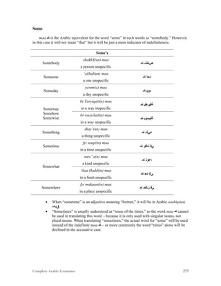 Complete Arabic Grammar 277
Some
maa ‫ﺎﻤ‬ is the Arabic equivalent for the word “some” in such words as “somebody.” However,
in this case it will not mean “that” but it will be just a mere indicator of indefiniteness.
Some’s
Somebody
shakhS(un) maa
‫ﺎﻤ‬ ‫ﺺﺧﺸ‬
a person unspecific
Someone
‘aHad(un) maa
‫ﺎﻤ‬ ‫ﺪﺣﺃ‬
a one unspecific
Someday
yawm(a) maa
‫ﺎﻤ‬ ‫ﻡﻮﻳ‬
a day unspecific
Someway
Somehow
Somewise
bi-Taryiqa(tin) maa
‫ﺎﻤ‬ ‫ﺔﻘﻳﺭﻂﺑ‬
in a way inspecific
bi-wasyila(tin) maa
‫ﺎﻤ‬ ‫ﺔﻠﻴﺴﻮﺑ‬
in a way unspecific
Something
shay’(un) maa
‫ﺎﻤ‬ ‫ﺀﻲﺸ‬
a thing unspecific
Sometime
fyi waqt(in) maa
‫ﺎﻤ‬ ‫ﺕﻗﻮ‬ ‫ﻲﻓ‬
in a time unspecific
Somewhat
naw”a(n) maa
‫ﺎﻤ‬ ‫ﺎﻋﻮﻧ‬
a kind unspecific
‘ilaa Hadd(in) maa
‫ﺎﻤ‬ ‫ﺪﺤ‬ ‫ﻰﻠﺇ‬
to a limit unspecific
Somewhere
fyi makaan(in) maa
‫ﺎﻤ‬ ‫ﻦﺎﻜﻣ‬ ‫ﻲﻓ‬
in a place unspecific
 When “sometime” is an adjective meaning “former,” it will be in Arabic saabiq(un)
‫.ﻖﺑﺎﺴ‬
 “Sometimes” is usually understood as “some of the times,” so the word maa ‫ﺎﻣ‬ cannot
be used in translating this word – because it is only used with singular nouns, not
plural nouns. When translating “sometimes,” the actual word for “some” will be used
instead of the indefinite maa ‫ﺎﻣ‬ – or more commonly the word “times” alone will be
declined in the accusative case.
 