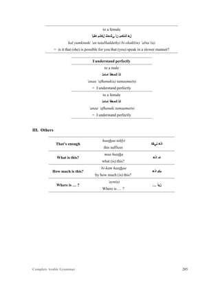 Complete Arabic Grammar 285
to a female
‫ﺎﻁﺑﺃ‬ ‫ﻝﻜﺷﺑ‬ ‫ﻲﺛﺪﺤﺘﺘ‬ ‫ﻥﺃ‬ ‫ﻚﻧﻜﻣﻴ‬ ‫ﻞﻫ‬
hal yumkinuki ‘an tataHaddathyi bi-shakl(in) ‘abta’(a)
= is it that (she) is possible for you that (you) speak in a slower manner?
I understand perfectly
to a male
‫ﺎﻤﺎﻤﺘ‬ ‫ﻚﻣﻫﻓﺃ‬ ‫ﺎﻧﺃ‬
‘anaa ‘afhanuk(a) tamaama(n)
= I understand perfectly
to a female
‫ﺎﻤﺎﻤﺘ‬ ‫ﻚﻣﻫﻓﺃ‬ ‫ﺎﻧﺃ‬
‘anaa ‘afhanuki tamaama(n)
= I understand perfectly
III. Others
That’s enough
haathaa takfyi
‫ﺘﻲﻔﻛ‬ ‫ﺍﺫﻫ‬
this suffices
What is this?
maa haatha
‫ﺍﺫﻫ‬ ‫ﺎﻤ‬
what (is) this?
How much is this?
bi-kam haathaa
‫ﺍﺫﻫ‬ ‫ﻢﻜﺒ‬
by how much (is) this?
Where is … ?
‘ayn(a)
… ‫ﻥﻴﺃ‬
Where is … ?
 