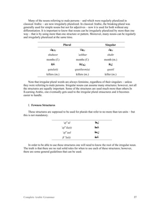 Complete Arabic Grammar 37
Many of the nouns referring to male persons – and which were regularly pluralized in
classical Arabic – are now irregularly pluralized. In classical Arabic, the breaking plural was
generally used for simple nouns but not for adjectives – now it is used for both without any
differentiation. It is important to know that nouns can be irregularly pluralized by more than one
way – that is by using more than one structure or pattern. Moreover, many nouns can be regularly
and irregularly pluralized at the same time.
Plural Singular
‫ﺭﻮﻬﺸ‬ ‫ﺭﻬﺸﺃ‬ ‫ﺭﻬﺸ‬
shuhuwr ‘ashhur shahr
months (f.) months (f.) month (m.)
‫ﺔﻠﺘﻗ‬ ‫ﻥﻮﻠﺘﺎﻗ‬ ‫ﻞﺘﺎﻗ‬
qatala(t) qaatiluwn(a) qaatil
killers (m.) killers (m.) killer (m.)
Note that irregular plural words are always feminine, regardless of their singulars – unless
they were referring to male persons. Irregular nouns can assume many structures; however, not all
the structures are equally important. Some of the structures are used much more than others.In
lLearning Arabic, one eventually gets used to the irregular plural strauctures and it becomes
easier to handle.
I. Fewness Structures
These structures are supposed to be used for plurals that refer to no more than ten units – but
this is not mandatory.
‘af”ul ‫ﻞﻌﻓﺃ‬
‘af”ila(t) ‫ﺔﻠﻌﻓﺃ‬
‘af”aal ‫ﻞﺎﻌﻓﺃ‬
fi”la(t) ‫ﺔﻠﻌﻓ‬
In order to be able to use these structures one will need to know the root of the irregular noun.
The truth is that there are no real solid rules for when to use each of these structures; however,
there are some general guidelines that can be used.
 