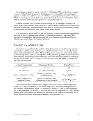 Complete Arabic Grammar 47
Case inflection is called in Arabic ‘i”raab ‫ﺐﺍﺭﻋﺇ‬ “Arabization.” This speaks of the mentality
of ancient Arabs who held eloquence in their language very precious. However, most regular
speakers of Arabic are – and were – not very talented in Arabizing their speech. This is why case
inflection is no longer present in the modern spoken dialects of Arabic. It is still taught at schools,
but there are really not many regular speakers who are good enough at it.
For most words the case- and mood-inflected endings will be nothing but different short
vowels. Some words, however, show variations in letters – like the case inflection of the dual and
masculine plural endings already mentioned. Thus, most of the case- and mood-inflected endings
do not appear in writing because short vowels are not usually written.
Case inflection in Arabic is difficult and it is important for a beginning learner to spend much
time on it. In this text, the case-inflected parts of words will be called the “case-signs.” This
designation is inspired from the Arabic one and it is better than case-endings because the cse-
inflected parts are not always the “endings” of words.
Arabs Don’t Stop on What Is Moving
Remember, in Arabic letters that are followed by short vowels are called “moving letters;”
letters that are not followed by short vowels are called “still letters.” Some words end with still
letters, others end with moving letters. While speaking proper Arabic, one cannot finish talking
by pronouncing the last letter as a moving letter – that is, one must ignore the final short vowel (if
there were one), thus making the final letter “still.” This is the old saying: “Arabs do not stop on a
moving.” For example, jaa’ al-wualad ‘ilaa al-madrasat al-yiwum ‫ﻢﻮﻴﻠﺍ‬ ‫ﺔﺴﺭﺪﻣﻠﺍ‬ ‫ﻰﻠﺇ‬ ‫ﺪﻠﻮﻠﺍ‬ ‫ﺀﺎﺠ‬ “The
boy came to school today.”
Actual Pronunciation Romanized Version Arabic Words
jaa’ jaa’(a) ‫ﺀﺎﺠ‬
jaa’a l-wualad jaa’(a) (a)l-wualad(u) ‫ﺪﻠﻮﻠﺍ‬ ‫ﺀﺎﺠ‬
jaa’a l-waladu ‘ilaa l-madrasa
jaa’(a) (a) l-walad(u) ‘ilaa
(a)l-madrasa(ti) ‫ﺔﺴﺭﺪﻣﻠﺍ‬ ‫ﻰﻠﺇ‬ ‫ﺪﻠﻮﻠﺍ‬ ‫ﺀﺎﺠ‬
jaa’a l-waladu ‘ilaa l-
madrasati l-yiwum
jaa’(a) (a) l-walad(u) ‘ilaa
(a)l-madrasa(ti) (a)l-yiwum(a) ‫ﻢﻮﻴﻠﺍ‬ ‫ﺔﺴﺭﺪﻣﻠﺍ‬ ‫ﻰﻠﺇ‬ ‫ﺪﻠﻮﻠﺍ‬ ‫ﺀﺎﺠ‬
The short vowels between brackets are not pronounced unless they are followed by other
sounds – this keeps the last letters as still letters. Long vowels, however, must be pronounced –
this is because long vowels are letters. The feminine taa’ marbuwTa ‫ﺓ‬ has its own comparable
rule. If one stops on the taa’ marbuwTa, it will become –a or –ah rather than –at. If one continues
speaking after it, one should fully pronounce it. Although the rule for ‫-ﺓ‬ is not obligatory, it is so
widely observed that almost nobody today stops on a fully pronouned –at.
 