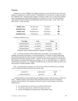 Complete Arabic Grammar 48
Nunation
Nunation (or tanuwyin ‫)ﻥﻴﻮﻧﺗﻠﺍ‬ is the adding of a letter noon ‫ﻥ‬ to the end of a noun. The main
purpose of nunation is to confer the sense of “indefiniteness” on the noun or to make the noun in
the “indefinite state.” Nunation used to appear in writing as a letter noon ‫ﻥ‬ at the end of singular
nouns, but grammarians decided long ago that it was better not to write it to avoid confusion.
They agreed instead to indicate it by doubling the mark of the case-sign – or the “move” (the
short vowel) – on the last letter.
Definite State the male cate al-qiTT(u) ‫ﻂﻗﻠﺍ‬
Indefinite State a male cate qiTT(un) ‫ﻂﻗ‬
Definite State the female cate al-qiTTat(u) ‫ﺔﻂﻗﻠﺍ‬
Indefinite State a female cate qiTTa(tun) ‫ﺔﻂﻗ‬
Example of different cases.
Case-Sign Case Noun
Estimated Short u ar-raf”(u) wualad(un) ‫ﺪﻠﻮ‬
Apparent Short a an-naSb(u) wualada(n) ‫ﺍﺪﻠﻮ‬
Estimated Short i al-jarr(u) wualad(in) ‫ﺪﻠﻮ‬
“Estimated” means to Arabic grammarians “assumed” or “supposed.”
The –an version of nunation will be followed by an extended ‘alef ‫ﺍ‬ in writing. When
stopping on this particular nunation, it will be pronounced –aa instead of totally disappearing
from pronunciation like the other two types of nunation. The –un and –in nunations will not be
pronounced at all when one stops at them – similar to the rule of not stopping on a moving letter.
Most speakers of formal Arabic today do not change –an to –aa when they stop at it – rather it is
usually kept a pronounced –an. It might be said that this rule is a classical Arabic rule that is not a
rule anymore in modern standard Arabic.
The –an nunation after a feminine taa’ marbuwTah ‫ﺓ‬ will not be followed by an extended
‘alef ‫ﺍ‬ in writing, but the pronunciation rules are the same.
a school (f.) madrasata(n) ‫ﺔﺴﺭﺪﻤ‬
a young woman (f.) fataata(n) ‫ﺓﺎﺘﻓ‬
A marked difference from English about the indefinite marker is that all nouns in Arabic can
take it – whether singular, dual or plural. Dual and plural masculine nouns have inherenet
nunation in their structures. The nunation for these two types of words stands out with three
characteristics:
 It is written down as a letter noon ‫ﻦ‬ at the end of the word.
 It is always pronounced – whether one stops on it or not.
 It does not disappear with the presence of the definite article.
 