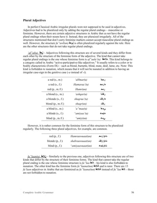 Complete Arabic Grammar 56
Plural Adjectives
In perfect Classical Arabic irregular plurals were not supposed to be used in adjectives.
Adjectives had to be pluralized only by adding the regular plural endings – masculine or
feminine. However, there are certain adjective structures in Arabic that ca not have the regular
plural endings when their nouns have it. Instead, they are pluraized irregularly. All of the
structures mentioned that don’t carry feminine markers cannot accept masculine plural endings as
well. However, the structure fa”uwl(un) ‫ﻞﻮﻌﻓ‬ is often pluralized regularly against the rule. Here
are the other structures that do not take regular plural endings.
‘af”al(u) ‫ﻞﻌﻓﺃ‬ – Adjectives following this structure are of several kinds and they differ from
each other by the structure of the feminine form of the adjective. The kind that cannot take
regular plural endings is the one whose feminine form is af”aala’(u) ‫.ﺀﻻﺎﻌﻓﺃ‬ This kind belongs to
a category called in Arabic “active-participative-like adjectives.” It usually refers to a color or to
bodily characteristic (Form IX) – such as blond, burnette, blind, mute, deaf, lame, etc. Note: This
kind is forbidden to nunation, which means that it will not be nunated in addition to having an
irregular case-sign in the genitive case (-a instead of -i).
a red (s., m.) ‘aHmar(u) ‫ﺭﻣﺣﺃ‬
a red (s., f.) Hamaraa’(u) ‫ﺀﺍﺭﻣﺣ‬
red (p., m./f.) Humr(un) ‫ﺭﻣﺣ‬
a blond (s., m.) ‘ashqar(u) ‫ﺭﻘﺸﺃ‬
a blonde (s., f.) shaqraa’(u) ‫ﺀﺍﺭﻘﺸ‬
blond (p., m./f.) shuqr(un) ‫ﺭﻘﺸ‬
a blind (s., m.) ‘a”maa(u) ‫ﻰﻤﻋﺃ‬
a blinde (s., f.) “amiyaa’(u) ‫ﺀﺎﻳﻤﻋ‬
blind (p., m./f.) “umiy(un) ‫ﻲﻤﻋ‬
However, it is rather common for the feminine form of this structure to be pluralized
regularly. The following three plural adjectives, for example, are common.
red (p., f.) Hamraawuaat(un) ‫ﺖﺍﻮﺍﺭﻣﺣ‬
blonde (p., f.) shabraawuaat(un) ‫ﺕﺍﻮﺍﺭﻘﺸ‬
blind (p., f.) “amiyaawuaat(un) ‫ﺕﺍﻮﺎﻳﻤﻋ‬
fa”laan(u) ‫ﻥﻼﻌﻓ‬ – Similarly to the previous one, adjectives following this structure are of two
kinds that differ by the structure of their feminine forms. The kind that cannot take the regular
plural ending is the one whose feminine structure is fa”laa ‫ﻼﻌﻓ‬ – his kind is also forbidden to
nunation. The other kind has the feminine form fa”laana(tun) ‫ﺔﻨﻼﻌﻓ‬ and is rarer. There are 13
fa’laan adjectives in Arabic that are feminized as fa”laana(tun) ‫ﺔﻨﻼﻌﻓ‬ instead of fa”laa ‫ﻼﻌﻓ‬ – those
are not forbidden to nunation.
 