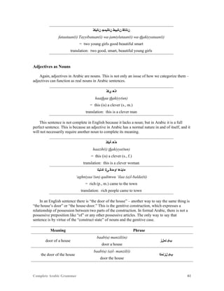 Complete Arabic Grammar 61
‫ﻦﺎﺘﻳﻛﺫ‬ ‫ﻥﺎﺘﻠﻳﻤﺠ‬ ‫ﻥﺎﺘﺑﻳﻃ‬ ‫ﻦﺎﺘﺎﺘﻓ‬
fataataan(i) Tayyibataan(i) wa-jamiylataan(i) wa-thakiyyataan(i)
= two young girls good beautiful smart
translation: two good, smart, beautiful young girls
Adjectives as Nouns
Again, adjectives in Arabic are nouns. This is not only an issue of how we categorize them –
adjectives can function as real nouns in Arabic sentences.
‫ﻱﻜﺬ‬ ‫ﺍﺬﻫ‬
haathaa thakiyy(un)
= this (is) a clever (s., m.)
translation: this is a clever man
This sentence is not complete in English because it lacks a noun; but in Arabic it is a full
perfect sentence. This is because an adjective in Arabic has a normal nature in and of itself, and it
will not necessarily require another noun to complete its meaning.
‫ﺔﻴﻜﺬ‬ ‫ﻩﺬﻫ‬
haazih(i) thakiyya(tun)
= this (is) a clever (s., f.)
translation: this is a clever woman
‫ﺓﺪﻠﺒﻠﺍ‬ ‫ﻰﻠﺇ‬ ‫ﺍﻮﻤﺪﻗ‬ ‫ﺀﺎﻴﻧﻋﺍ‬
‘aghniyaa’(un) qadimwu ‘ilaa (a)l-balda(ti)
= rich (p., m.) came to the town
translation: rich people came to town
In an English sentence there is “the door of the house” – another way to say the same thing is
“the house’s door” or “the house-door.” This is the genitive construction, which expresses a
relationship of possession between two parts of the construction. In formal Arabic, there is not a
possessive preposition like “of” or any other possessive articles. The only way to say that
sentence is by virtue of the “construct state” of nouns and the genitive case.
Meaning Phrase
door of a house
baab(u) manzil(in)
‫ﻧﻤﻝﺯ‬ ‫ﺐﺎﺒ‬
door a house
the door of the house
baab(u) (a)l- manzil(i)
‫ﻝﺯﻧﻤﻠﺍ‬ ‫ﺐﺎﺒ‬
door the house
 
