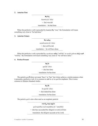 Complete Arabic Grammar 83
2. Anterior Past
‫ﻞﻌﻓ‬ ‫ﻦﺎﻜ‬
kaan(a) fa”al(a)
= (he) was did
translation: ~ he had done
When the perfective verb is preceded by kaan(a) ‫ﻦﺎﻜ‬ “was,” the formulation will mean
something very close to “he had done.”
3. Anterior Future
‫ﻞﻌﻓ‬ ‫ﻦﻮﻜﻳﺴ‬
sayakwun(u) fa”al(a)
= (he) will be did
translation: ~ he will have done
When the perfective verb is preceded by sayakwun ‫ﻦﻮﻜﻳﺴ‬ “will be” or sawfa yakwun ‫ﻦﻮﻜﻳ‬ ‫ﻒﻮﺴ‬
“will be,” the formulation will mean something very close to “he will have done.”
4. Perfect Present
‫ﻞﻌﻓ‬ ‫ﺪﻗ‬
qad fa”al(a)
= (he) has done
translation: he has done
The particle qad ‫ﺪﻗ‬ does not mean “have” or “has” but it does achieve a similar purpose when
it proceeds a perfective verb. It is common to add la- ‫-ﻞ‬ to qad for emphasis. This is more
common in Modern Standard Arabic.
‫ﻞﻌﻓ‬ ‫ﺪﻗﻠ‬
la-qad fa”al(a)
= (he) indeed has done
translation: he has done
The particle qad is also often used as an emphatic particle.
‫ﻪﻠﻤﻋ‬ ‫ﻲﻓ‬ ‫ﺪﺟﻣﻠﺍ‬ ‫ﺢﺠﻧ‬ ‫ﺪﻗ‬
qad najaH(a) (a)l-mujidd(u) fyi “amalih(i)
= (he) has succeeded the diligent in work (of) him
translation: the diligent succeeds at his work
 