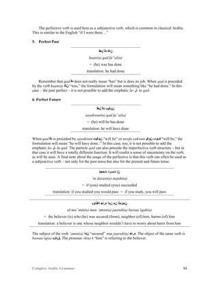 Complete Arabic Grammar 84
The perfective verb is used here as a subjunctive verb, which is common in classical Arabic.
This is similar to the English “if I were there…”
5. Perfect Past
‫ﻞﻌﻓ‬ ‫ﺪﻗ‬ ‫ﻦﺎﻜ‬
kaan(a) qad fa”al(a)
= (he) was has done
translation: he had done
Remember that qad ‫ﺪﻗ‬ does not really mean “has” but is does its job. When qad is preceded
by the verb kaan(a) ‫ﻦﺎﻜ‬ “was,” the formulation will mean something like “he had done.” In this
case – the past perfect – it is not possible to add the emphatic la- ‫-ﻞ‬ to qad.
6. Perfect Future
‫ﻞﻌﻓ‬ ‫ﺪﻗ‬ ‫ﻦﻮﻜﻳﺴ‬
sayakwun(u) qad fa”al(a)
= (he) will be has done
translation: he will have done
When qad ‫ﺪﻗ‬ is proceded by sayakwun ‫ﻦﻮﻜﻳﺴ‬ “will be” or sawfa yakwun ‫ﻦﻮﻜﻳ‬ ‫ﻒﻮﺴ‬ “will be,” the
formulation will mean “he will have done..” In this case, too, it is not possible to add the
emphatic la- ‫-ﻞ‬ to qad. The particle qad can also precede the imperfective verb structure – but in
that case it will have a totally different function. It will confer a sense of uncertainty on the verb,
as will be seen. A final note about the usage of the perfective is that this verb can often be used as
a subjunctive verb – not only for the past tense but also for the present and future tense.
‫ﺖﺤﺠﻧ‬ ‫ﺖﺴﺭﺩ‬ ‫ﻥﺇ‬
‘in darast(a) najaht(a)
= if (you) studied (you) succeeded
translation: if you studied you would pass = if you study, you will pass
‫ﻪﻘﺌﺍﻮﺑ‬ ‫ﻩﺭﺎﺠ‬ ‫ﻥﻤﺃ‬ ‫ﻥﻤ‬ ‫ﻥﻤﺆﻤﻠﺍ‬
al-mu”min(u) man ‘amin(a) jaaruh(u) bawaa’iqah(u)
= the believer (is) who (he) was secured (from), neighbor (of) him, harms (of) him
translation: a believer is one whose neighbor wouldn’t have to worry about harm from him
The subject of the verb ‘amin(a) ‫ﻥﻤﺃ‬ “secured” was jaaruh(u) ‫.ﻩﺭﺎﺠ‬ The object of the same verb is
bawaa’iq(a) ‫.ﻕﺌﺍﻮﺑ‬ The pronoun -h(u) ‫ﻩ‬ “him” is referring to the believer.
 