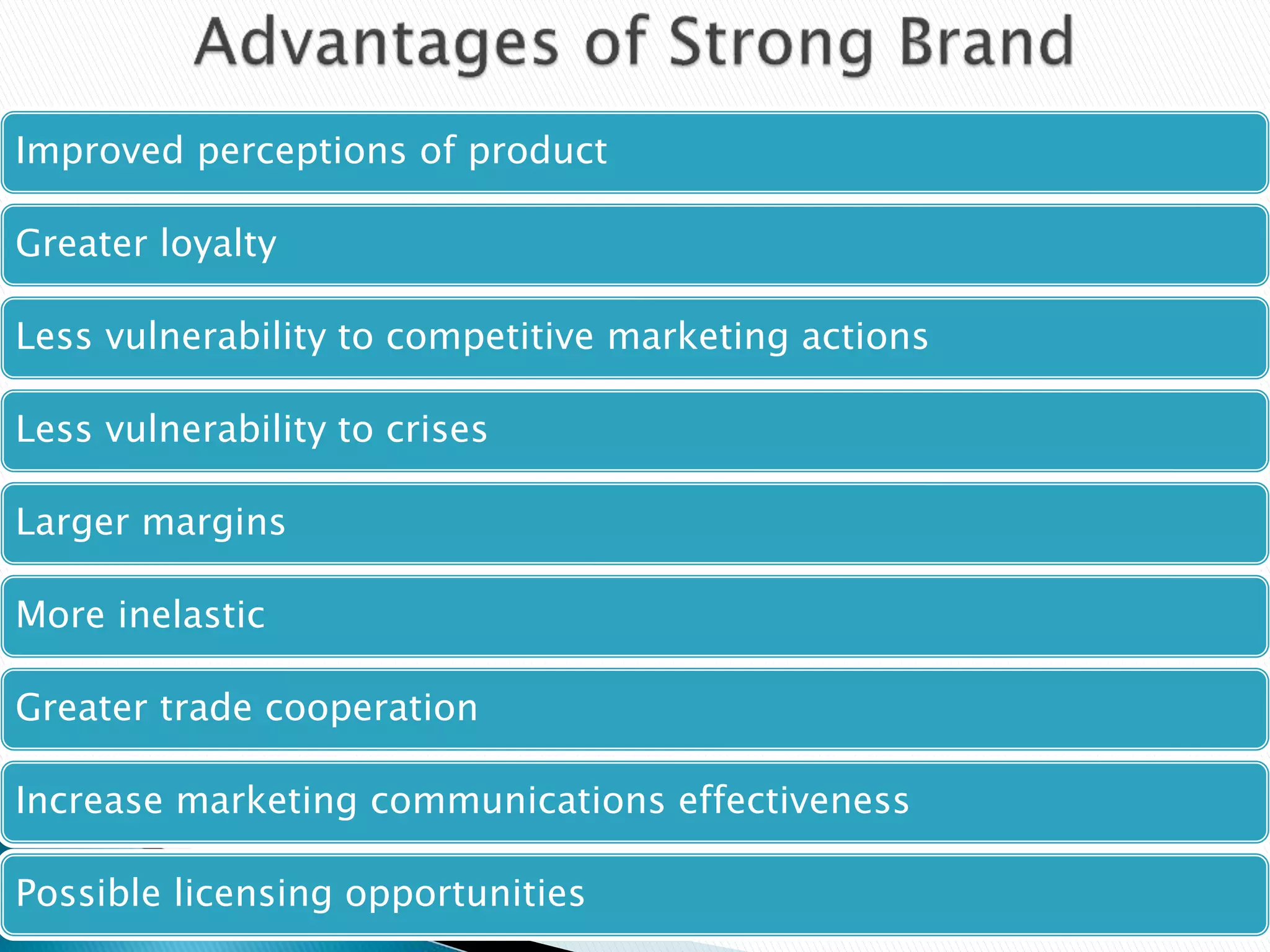 Improved perceptions of product
Greater loyalty
Less vulnerability to competitive marketing actions
Less vulnerability to crises
Larger margins
More inelastic
Greater trade cooperation
Increase marketing communications effectiveness
Possible licensing opportunities
 