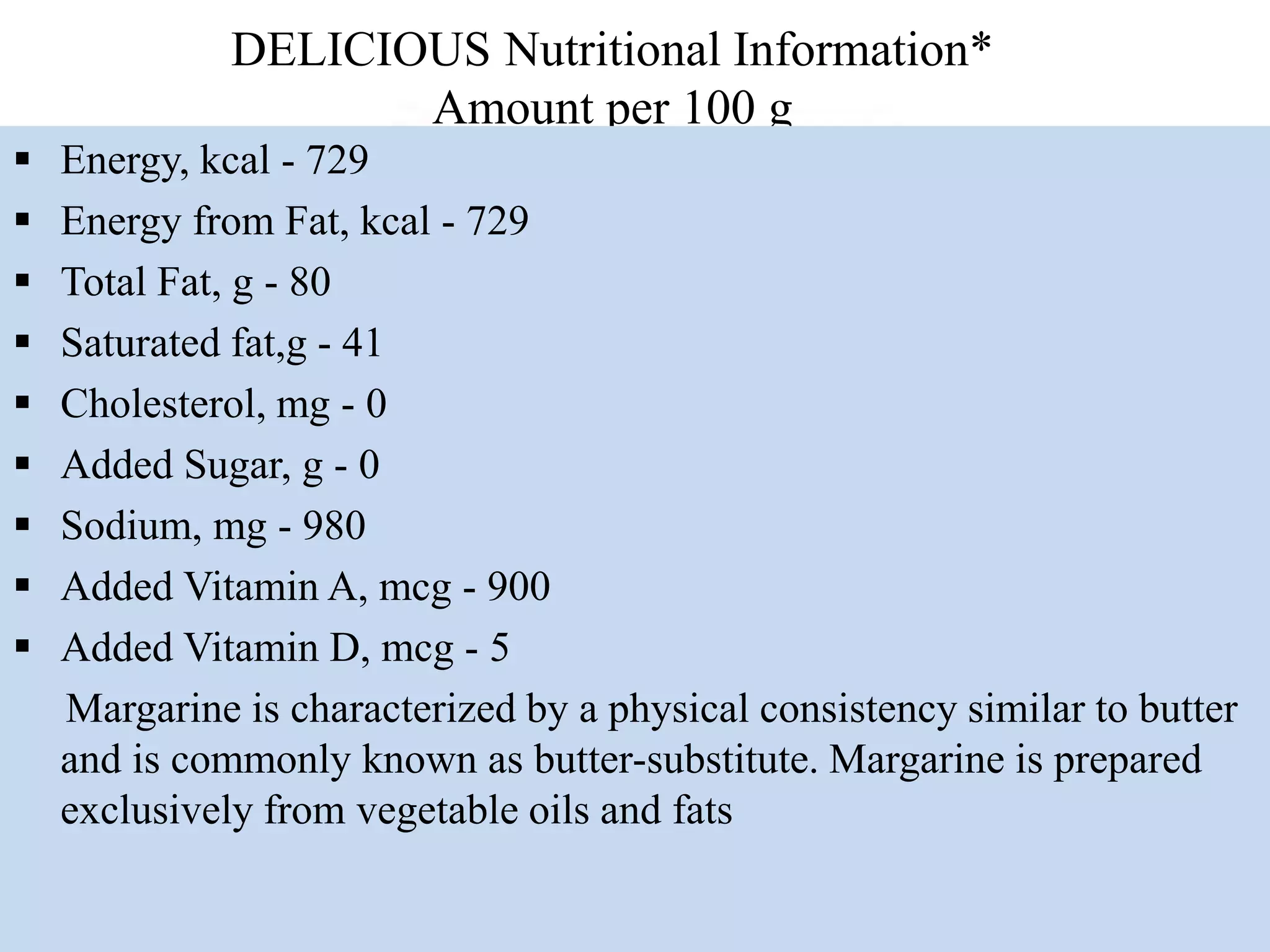 DELICIOUS Nutritional Information*
Amount per 100 g
 Energy, kcal - 729
 Energy from Fat, kcal - 729
 Total Fat, g - 80
 Saturated fat,g - 41
 Cholesterol, mg - 0
 Added Sugar, g - 0
 Sodium, mg - 980
 Added Vitamin A, mcg - 900
 Added Vitamin D, mcg - 5
Margarine is characterized by a physical consistency similar to butter
and is commonly known as butter-substitute. Margarine is prepared
exclusively from vegetable oils and fats
 
