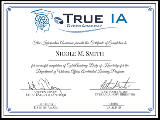 True Information Assurance presents this Certificate of Completion to
Nicole M. Smith
for successful completion of CyberAcademy Body of Knowledge for the
Department of Veterans Affairs Accelerated Learning Program
___________________________
Steven Covey
___________________________
Nathaniel Wade
Chief Executive Officer CyberAcademy Director
12/15/2015____________
Date of Award
_____________
VA ALP ID
129267
 