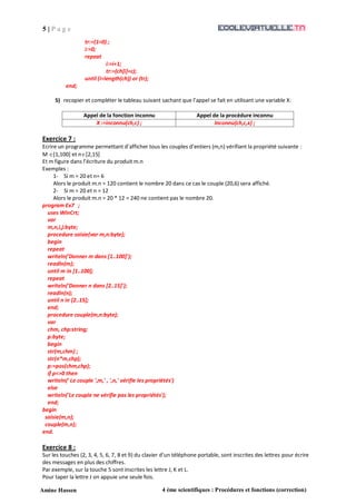 5 | P a g e
Amine Hassen 4 ème scientifiques : Procédures et fonctions (correction)
tr:=(1=0) ;
i:=0;
repeat
i:=i+1;
tr:=(ch[i]=c);
until (i=length(ch)) or (tr);
end;
5) recopier et compléter le tableau suivant sachant que l’appel se fait en utilisant une variable X:
Appel de la fonction inconnu Appel de la procédure inconnu
X :=inconnu(ch,c) ; Inconnu(ch,c,x) ;
Exercice 7 :
Ecrire un programme permettant d’afficher tous les couples d’entiers (m,n) vérifiant la propriété suivante :
M [1,100] et n[2,15]
Et m figure dans l’écriture du produit m.n
Exemples :
1- Si m = 20 et n= 6
Alors le produit m.n = 120 contient le nombre 20 dans ce cas le couple (20,6) sera affiché.
2- Si m = 20 et n = 12
Alors le produit m.n = 20 * 12 = 240 ne contient pas le nombre 20.
program Ex7 ;
uses WinCrt;
var
m,n,i,j:byte;
procedure saisie(var m,n:byte);
begin
repeat
writeln('Donner m dans [1..100]');
readln(m);
until m in [1..100];
repeat
writeln('Donner n dans [2..15]');
readln(n);
until n in [2..15];
end;
procedure couple(m,n:byte);
var
chm, chp:string;
p:byte;
begin
str(m,chm) ;
str(n*m,chp);
p:=pos(chm,chp);
if p<>0 then
writeln(' Le couple ',m,' , ',n,' vérifie les propriétés')
else
writeln('Le couple ne vérifie pas les propriétés');
end;
begin
saisie(m,n);
couple(m,n);
end.
Exercice 8 :
Sur les touches (2, 3, 4, 5, 6, 7, 8 et 9) du clavier d’un téléphone portable, sont inscrites des lettres pour écrire
des messages en plus des chiffres.
Par exemple, sur la touche 5 sont inscrites les lettre J, K et L.
Pour taper la lettre J on appuie une seule fois.
 