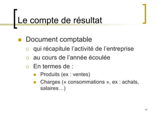 14
Le compte de résultat
 Document comptable
 qui récapitule l’activité de l’entreprise
 au cours de l’année écoulée
 En termes de :
 Produits (ex : ventes)
 Charges (« consommations », ex : achats,
salaires…)
 