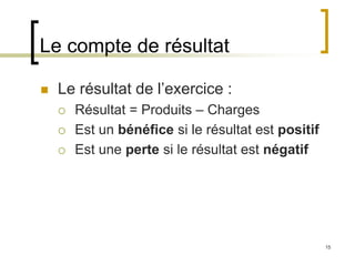 15
Le compte de résultat
 Le résultat de l’exercice :
 Résultat = Produits – Charges
 Est un bénéfice si le résultat est positif
 Est une perte si le résultat est négatif
 