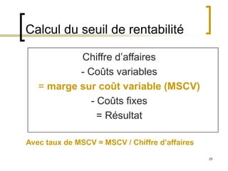 29
Calcul du seuil de rentabilité
Chiffre d’affaires
- Coûts variables
= marge sur coût variable (MSCV)
- Coûts fixes
= Résultat
Avec taux de MSCV = MSCV / Chiffre d’affaires
 
