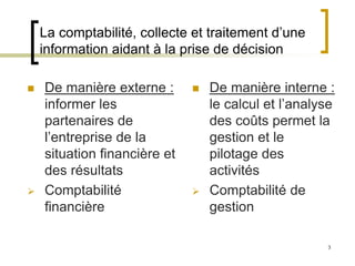 3
La comptabilité, collecte et traitement d’une
information aidant à la prise de décision
 De manière externe :
informer les
partenaires de
l’entreprise de la
situation financière et
des résultats
 Comptabilité
financière
 De manière interne :
le calcul et l’analyse
des coûts permet la
gestion et le
pilotage des
activités
 Comptabilité de
gestion
 