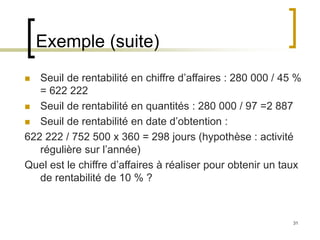 31
Exemple (suite)
 Seuil de rentabilité en chiffre d’affaires : 280 000 / 45 %
= 622 222
 Seuil de rentabilité en quantités : 280 000 / 97 =2 887
 Seuil de rentabilité en date d’obtention :
622 222 / 752 500 x 360 = 298 jours (hypothèse : activité
régulière sur l’année)
Quel est le chiffre d’affaires à réaliser pour obtenir un taux
de rentabilité de 10 % ?
 