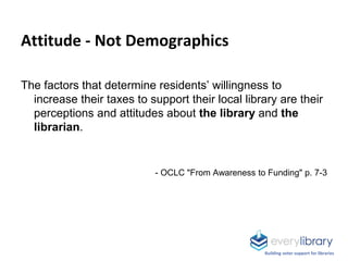 Attitude - Not Demographics
The factors that determine residents’ willingness to
increase their taxes to support their local library are their
perceptions and attitudes about the library and the
librarian.
- OCLC "From Awareness to Funding" p. 7-3
Building voter support for libraries
 