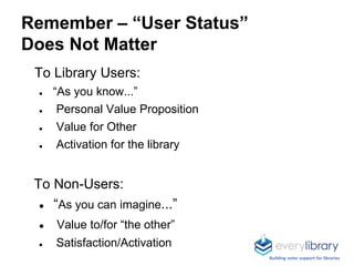 To Library Users:
● “As you know...”
● Personal Value Proposition
● Value for Other
● Activation for the library
To Non-Users:
● “As you can imagine...”
● Value to/for “the other”
● Satisfaction/Activation
Remember – “User Status”
Does Not Matter
Building voter support for libraries
 