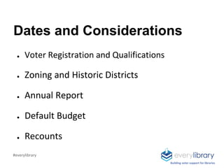 Dates and Considerations
● Voter Registration and Qualifications
● Zoning and Historic Districts
● Annual Report
● Default Budget
● Recounts
Building voter support for libraries
#everylibrary
 