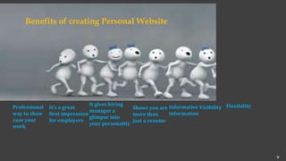 Benefits of creating Personal Website
Professional
way to show
case your
work
It’s a great
first impression
for employers
It gives hiring
manager a
glimpse into
your personality
Shows you are
more than
just a resume
Informative
information
Visibility Flexibility
v
 