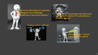 Why every job seeker or a person
looking for new challenge
should have a personal website?
56% of the hiring managers get impressed
by Personal Website & 7% actually have a
Personal Website
Finding a job is a difficult
work ?
Hiring Manager “tension”
follows you like a ghost
v
 