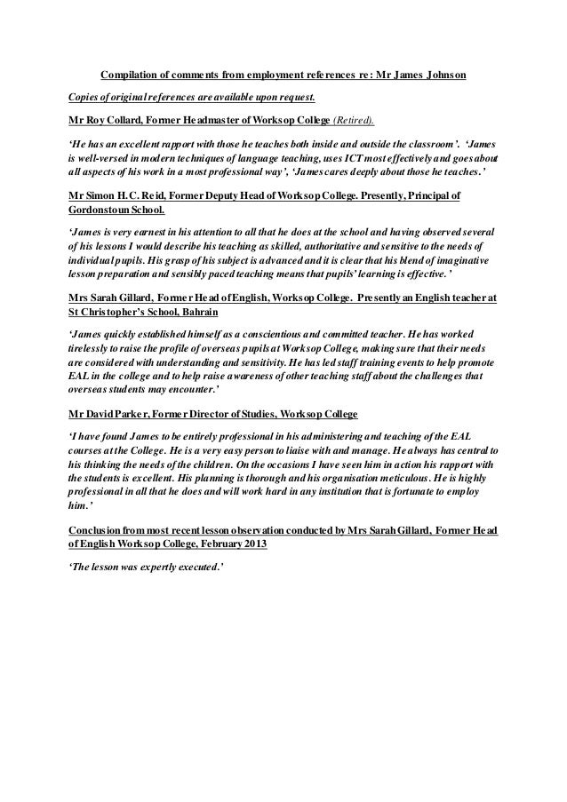 compilation of comments from employment references re 1