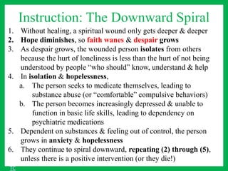 Instruction: The Downward Spiral
1. Without healing, a spiritual wound only gets deeper & deeper
2. Hope diminishes, so faith wanes & despair grows
3. As despair grows, the wounded person isolates from others
because the hurt of loneliness is less than the hurt of not being
understood by people “who should” know, understand & help
4. In isolation & hopelessness,
a. The person seeks to medicate themselves, leading to
substance abuse (or “comfortable” compulsive behaviors)
b. The person becomes increasingly depressed & unable to
function in basic life skills, leading to dependency on
psychiatric medications
5. Dependent on substances & feeling out of control, the person
grows in anxiety & hopelessness
6. They continue to spiral downward, repeating (2) through (5),
unless there is a positive intervention (or they die!)
TC
 
