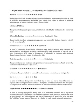 16 PF (PRIMARY PERSONALITY FACTORS) PSYCHOLOGICAL TEST
Reserved ●--●--●--●--●--●--X--●--●--● Warm
Randy can be described as moderately warm and gregarious but sometimes preferring to be alone
or preferring activities that do not include many people. With regard to reserved as compared
with outgoing, he is somewhat more toward the warm side.
Intellectual Abilities
Randy tends to be quick to grasp ideas, a fast learner, and of higher intelligence. He is also very
alert.
Affected by Feelings ●--●--●--●--X--●-●--●--●--● Emotionally Calm
Randy inhibits impulses, anticipates consequences and controls his feelings. He copes with life
as well as most people.
Submissive ●--●--●--X--●--●--●--●--●--● Dominant
In terms of dominance, Randy would tend to be fairly assertive without being dominant. He
would probably have enough flexibility to defer to others when appropriate, or take the lead in
other circumstances. With regard to the extremes of submissive as compared with dominant,
Randy is somewhat more toward the submissive side.
Restrained, serious ●--●--●--●--●--X--●--●--●--● Enthusiastic
Randy is neither overly exuberant and optimistic nor serious and pessimistic. Needs for novelty,
excitement and attention are not excessive.
Expedient ●--●--●--●--●--X--●--●--●--● Rule-bound
In this area, Randy is likely to be as morally conforming and conscientious as most people.
Shy ●--●--●--●--●--●--X--●--●--● Bold
In terms of boldness, Randy is not particularly shy or timid and may at times take social and
physical risks. Such a person does not have a strong need for thrills or adventure. On the shyness
as compared with boldness dimension, he would be described as somewhat more bold than shy.
Tough-minded ●--●--●--●--●--●--●--●--X--● Sensitive, refined
In terms of arriving at judgments, Randy tends to be emotionally sensitive, able to day-dream,
artistically fastidious, and fanciful. Such an individual may often appreciate attention and help.
At times, he may feel quite emotional, and may be concerned with what is felt more than what
the "cold facts" would suggest. There may be a dislike for crude people and rough occupations.
10
 