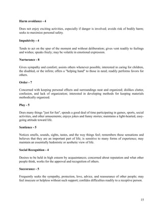 Harm avoidance - 4
Does not enjoy exciting activities, especially if danger is involved; avoids risk of bodily harm;
seeks to maximize personal safety.
Impulsivity - 4
Tends to act on the spur of the moment and without deliberation; gives vent readily to feelings
and wishes; speaks freely; may be volatile in emotional expression.
Nurturance - 8
Gives sympathy and comfort; assists others whenever possible, interested in caring for children,
the disabled, or the infirm; offers a "helping hand" to those in need; readily performs favors for
others.
Order - 7
Concerned with keeping personal effects and surroundings neat and organized; dislikes clutter,
confusion, and lack of organization; interested in developing methods for keeping materials
methodically organized.
Play - 5
Does many things "just for fun", spends a good deal of time participating in games, sports, social
activities, and other amusements; enjoys jokes and funny stories; maintains a light-hearted, easy-
going attitude toward life.
Sentience - 5
Notices smells, sounds, sights, tastes, and the way things feel; remembers these sensations and
believes that they are an important part of life; is sensitive to many forms of experience; may
maintain an essentially hedonistic or aesthetic view of life.
Social Recognition - 4
Desires to be held in high esteem by acquaintances; concerned about reputation and what other
people think, works for the approval and recognition of others.
Succorance - 5
Frequently seeks the sympathy, protection, love, advice, and reassurance of other people; may
feel insecure or helpless without such support; confides difficulties readily to a receptive person.
15
 