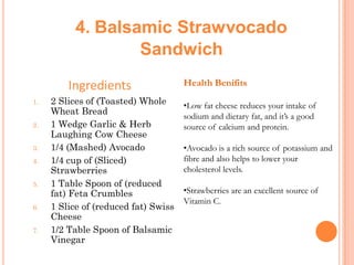 4. Balsamic Strawvocado
Sandwich
Ingredients
1.
2.

3.
4.
5.
6.
7.

2 Slices of (Toasted) Whole
Wheat Bread
1 Wedge Garlic & Herb
Laughing Cow Cheese
1/4 (Mashed) Avocado
1/4 cup of (Sliced)
Strawberries
1 Table Spoon of (reduced
fat) Feta Crumbles
1 Slice of (reduced fat) Swiss
Cheese
1/2 Table Spoon of Balsamic
Vinegar

Health Benifits
•Low fat cheese reduces your intake of
sodium and dietary fat, and it’s a good
source of calcium and protein.
•Avocado is a rich source of potassium and
fibre and also helps to lower your
cholesterol levels.

•Strawberries are an excellent source of
Vitamin C.

 