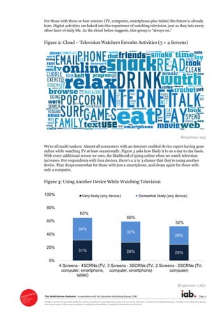 The  Multi-­Screen  Marketer      in  association  with  the  Interactive  Advertising  Bureau  (IAB)   Page  11  
All  rights  reserved.  No  part  of  this  publication  may  be  reproduced  or  transmitted  in  any  form  or  by  any  means,  electronic  or  mechanical,  including  photocopy,  recording  or  any  information  storage  
and  retrieval  system,  without  prior  permission  in  writing  from  the  publisher.  Copyright  ©  Econsultancy.com  Ltd  2012  
For  those  with  three  or  four  screens  (TV,  computer,  smartphone  plus  tablet)  the  future  is  already  
here.  Digital  activities  are  baked  into  the  experience  of  watching  television,  just  as  they  into  every  
other  facet  of  daily  life.  As  the  cloud  below  suggests,  this  group  is     
Figure  2:  Cloud     Television  Watchers  Favorite  Activities  (3  +  4  Screens)  
  
Responses:945  
-­taskers.  Almost  all  consumers  with  an  Internet  enabled  device  report  having  gone  
online  while  watching  TV  at  least  occasionally.  Figure  3  asks  how  likely  it  is  on  a  day  to  day  basis.  
With  every  additional  screen  we  own,  the  likelihood  of  going  online  when  we  watch  television  
device.  That  drops  somewhat  for  those  with  just  a  smartphone,  and  drops  again  for  those  with  
only  a  computer.      
Figure  3:  Using  Another  Device  While  Watching  Television  
  
Responses:  1,851  
31% 28% 25%
34%
32%
28%
0%
20%
40%
60%
80%
100%
4 Screens - 4SCRNs (TV,
computer, smartphone,
tablet)
3 Screens - 3SCRNs (TV,
computer, smartphone)
2 Screens - 2SCRNs (TV,
computer)
Very likely (any device) Somewhat likely (any device)
65%
60%
52%
 