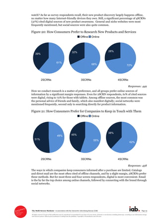 The  Multi-­Screen  Marketer      in  association  with  the  Interactive  Advertising  Bureau  (IAB)   Page  23  
All  rights  reserved.  No  part  of  this  publication  may  be  reproduced  or  transmitted  in  any  form  or  by  any  means,  electronic  or  mechanical,  including  photocopy,  recording  or  any  information  storage  
and  retrieval  system,  without  prior  permission  in  writing  from  the  publisher.  Copyright  ©  Econsultancy.com  Ltd  2012  
watch?  As  far  as  survey  respondents  recall,  their  new  product  discovery  largely  happens  offline,  
no  matter  how  many  Internet-­friendly  devices  they  own.  Still,  a  significant  percentage  of  4SCRNs  
(37%)  cited  digital  sources  of  new  product  awareness.    General  and  niche  websites  were  most  
frequently  mentioned,  but  social  sources  were  also  quite  common.  
Figure  20:  How  Consumers  Prefer  to  Research  New  Products  and  Services  
                           Offline   Online  
  
   2SCRNs 3SCRNs 4SCRNs
Responses:  449  
How  we  conduct  research  is  a  matter  of  preference,  and  all  groups  prefer  online  sources  of  
information  by  a  significant  margin  responses.  Even  for  2SCRN  respondents,  61%  of  cited  sources  
were  digital,  rising  to  72%  for  those  with  tablets.  Among  offline  sources,  the  most  common  was  
the  personal  advice  of  friends  and  family,  which  also  manifest  digitally;;  social  networks  were  
mentioned  frequently,  second  only  to  searching  directly  for  product  information.  
Figure  21:  How  Consumers  Prefer  for  Companies  to  Keep  in  Touch  with  Them
                           Offline   Online  
        
   2SCRNs 3SCRNs 4SCRNs
Responses:  438  
The  ways  in  which  companies  keep  consumers  informed  after  a  purchase  are  limited.  Catalogs  
and  direct  mail  are  the  most  often  cited  of  offline  channels,  and  by  a  slight  margin,  2SCRNs  prefer  
these  methods.  But  for  most  three  and  four  screen  respondents,  digital  is  more  convenient.  Email  
is  the  by  far  the  top  choice  among  online  channels,  followed  by  connecting  with  the  brand  through  
social  networks.  
61%
39%
68%
32%
72%
28%
49%
51% 55%
45%
62%
38%
 