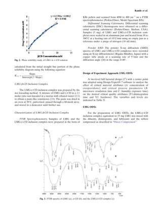 calculated from the initial straight line portion of the phase
solubility diagram using the following equation:
K1:1 ¼
Slope
Intercept 1−Slopeð Þ
LMG-β-CD Inclusion Complex
The LMG-β-CD inclusion complex was prepared by the
wet kneading method. A mixture of LMG and β-CD in a 1:1
molar ratio was kneaded in a mortar with ethanol–water (1:1)
to obtain a paste-like consistency (18). The paste was dried in
an oven at 50°C, pulverized, passed through a 60-mesh sieve,
and stored in a desiccator until further use.
Characterization of LMG-β-CD Inclusion Complex
FTIR Spectrophotometry. Samples of LMG and the
LMG-β-CD inclusion complex were prepared in the form of
KBr pellets and scanned from 4000 to 400 cm−1
on a FTIR
spectrophotometer (Perkin-Elmer, Model Spectrum RX).
Differential Scanning Calorimetry. Differential scanning
calorimetry (DSC) thermograms were obtained on a differ-
ential scanning calorimeter (Perkin-Elmer, Shelton, USA).
Samples (5 mg) of LMG and LMG-β-CD inclusion com-
plexes were sealed in an aluminum pan and heated from 30 to
300°C at a heating rate of 10°C/min using an empty pan as a
reference under a purge of nitrogen (18 mL/min).
Powder XRD. The powder X-ray diffraction (XRD)
spectra of LMG and LMG-β-CD complexes were recorded
using an X-ray diffractometer (Rigaku Miniﬂex, Japan) with a
copper tube anode at a scanning rate of 5°/min and the
diffraction angle (2θ) in the range 0–80°.
Design of Experiment Approach: LMG ODTs
A two-level full factorial design (23
) with a center point
was adopted using Design Expert® 7 software to analyze the
effect of critical material attributes (A: concentration of
crospovidone) and critical process parameters (B:
microwave irradiation time and C: humidity exposure time)
on the desired critical quality attributes (Y1:disintegration
time and Y2: hardness). The variables and levels are
indicated in Table II.
LMG ODTs
For the preparation of LMG ODTs, the LMG-β-CD
inclusion complex equivalent to 25 mg LMG was mixed with
the diluents, disintegrants, and lubricants and the tablets
compressed as described in BDirect Compression^
Fig. 2. Phase solubility study of LMG in β-CD solution
Fig. 3. FTIR spectra of LMG (a), β-CD (b), and the LMG-β-CD complex (c)
Kande et al.
 