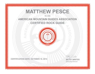 MATTHEW PESCE
IS AN
AMERICAN MOUNTAIN GUIDES ASSOCIATION
CERTIFIED ROCK GUIDE
CERTIFICATION DATE: OCTOBER 16, 2014 BETSY WINTER
Executive Director
 