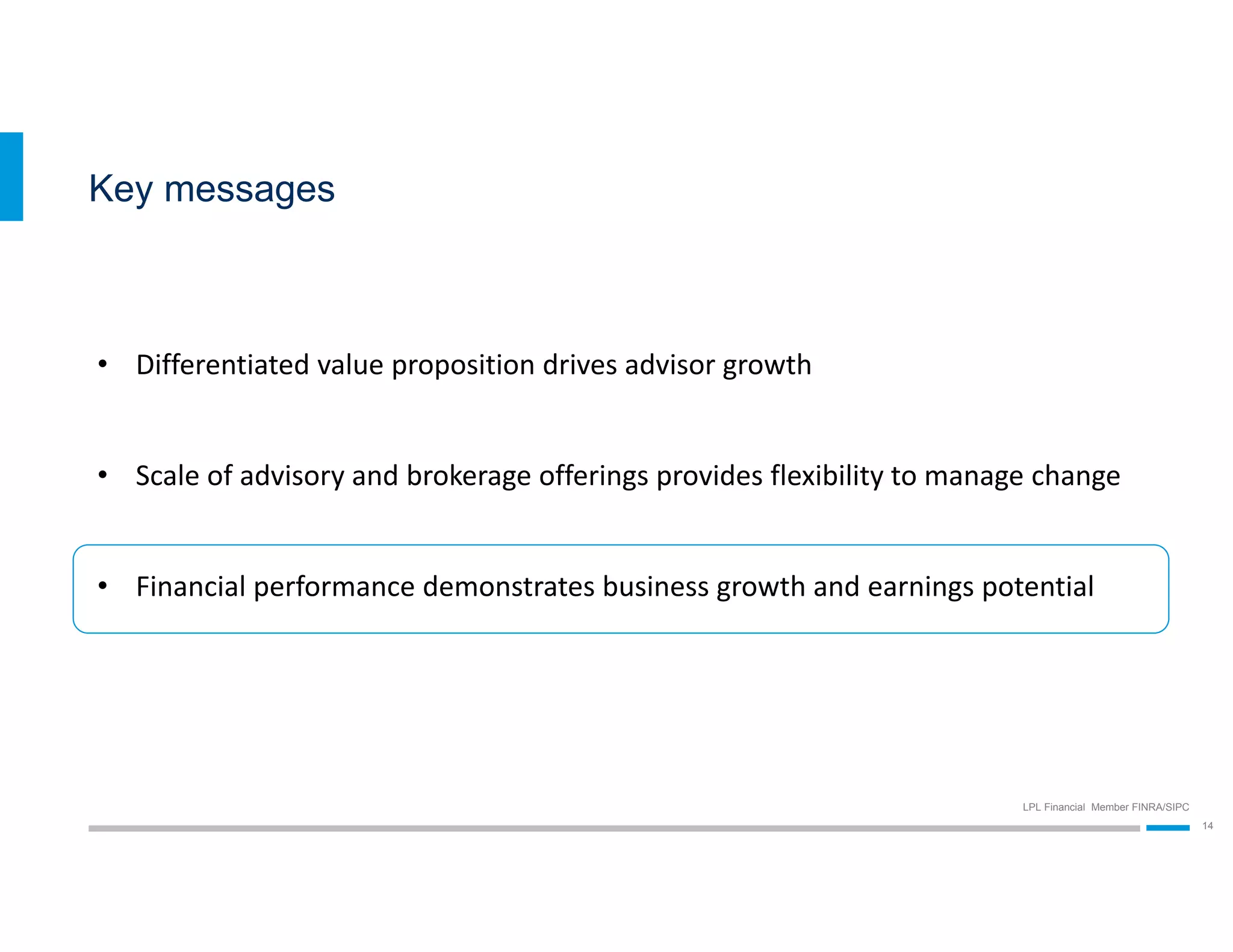 LPL Financial Member FINRA/SIPC
14
Key messages
• Differentiated value proposition drives advisor growth
• Scale of advisory and brokerage offerings provides flexibility to manage change
• Financial performance demonstrates business growth and earnings potential
 