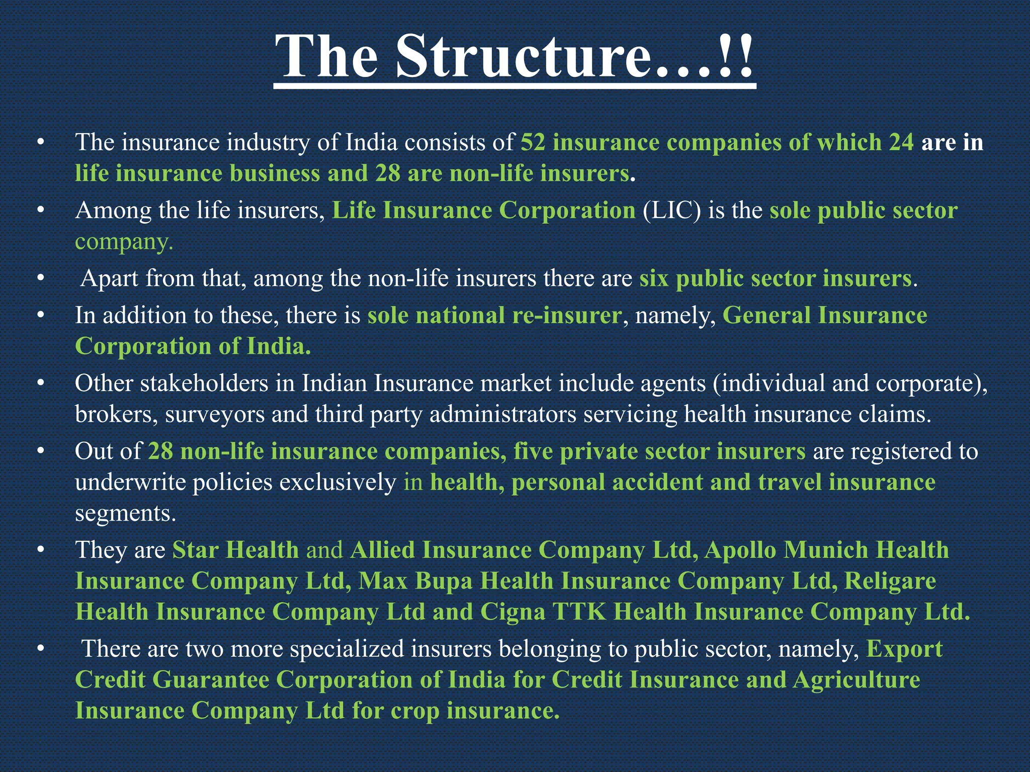 The Structure…!!
• The insurance industry of India consists of 52 insurance companies of which 24 are in
life insurance business and 28 are non-life insurers.
• Among the life insurers, Life Insurance Corporation (LIC) is the sole public sector
company.
• Apart from that, among the non-life insurers there are six public sector insurers.
• In addition to these, there is sole national re-insurer, namely, General Insurance
Corporation of India.
• Other stakeholders in Indian Insurance market include agents (individual and corporate),
brokers, surveyors and third party administrators servicing health insurance claims.
• Out of 28 non-life insurance companies, five private sector insurers are registered to
underwrite policies exclusively in health, personal accident and travel insurance
segments.
• They are Star Health and Allied Insurance Company Ltd, Apollo Munich Health
Insurance Company Ltd, Max Bupa Health Insurance Company Ltd, Religare
Health Insurance Company Ltd and Cigna TTK Health Insurance Company Ltd.
• There are two more specialized insurers belonging to public sector, namely, Export
Credit Guarantee Corporation of India for Credit Insurance and Agriculture
Insurance Company Ltd for crop insurance.
 