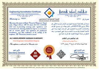 This certification is valid until: 26 Ramadan 1439
76323
ALI ABDELMONEM HASSAN ELNEZAMY
Civil Engineer Consultant Degree
 